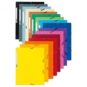 promo Exacompta - Réf. 55500E - Carton de 50 chemises à élastiques - pochettes 3 rabats - en carte lustrée 400 g/m2 - dimensions 24 x 32 cm pour documents au format A4 - couleurs assorties