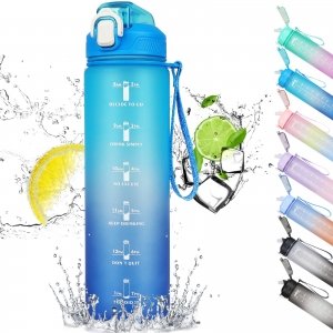 promo CodiCile Gourde Sport 1l avec paille,bouteille d'eau de motivation avec Marqueur de Temps,bouteille d'eau étanche avec couvercle sans BPA pour sport, gym, bureau, course à pied(bleu)