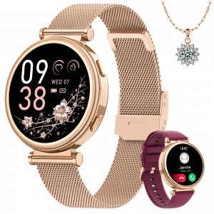 promo Sanorum Montre Connectée Femme avec Bluetooth, 1.27'' HD Smartwatch avec Sommeil/Fonction Féminine/Fréquence Cardiaque/SpO2 120+ Modes Sport Podomètre Calories IP68 iOS Android Or Rose, Cadeau Collier