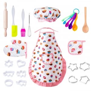 promo LIHAO 20pcs MINI Jeu Cuisine Enfant Chef Jeu d'imitation Ustensile Pâtisserie Emporte Pièce avec Tablier Chapeau pour Fête Anniversaire Halloween Noël Fille