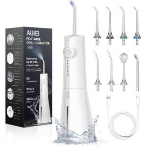 promo AUIEI Jet Dentaire Hydropulseur Portable Water Flosser, Irrigateur Oral 5 Modes et 8 Buses,Réservoir 300ML, USB Chargé, Étanche IPX7,Convient Gencive Sensible,Blanc