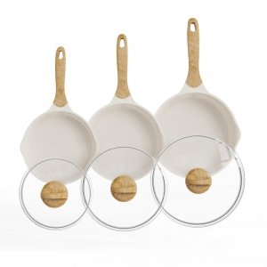 promo JEETEE Poêle À Frire 20/24/28 cm Avec Lid, Revêtement De Granit, Batterie De Cuisine 6 Pièces, Poignée Résistante À La Chaleur, Facile À Nettoyer Et Compatible Toutes Les Cuisines,Sans Pfoa, Beige