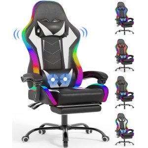 promo Devoko Chaise de Gaming LED avec Massage, Repose-Pieds et Coussin Lombaire - Ergonomique - avec Appui-tête réglable - Charge maximale : 180 kg (Blanc)