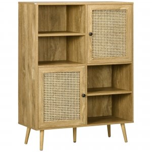 promo HOMCOM Buffet Meuble de Rangement Armoire Haut sur Pied en Bois et Cannage avec 2 Portes 4 Cases - dim. 90L x 32,5l x 120H cm