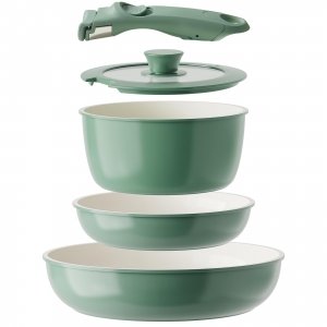 promo Redchef Set de poêles en céramique avec poignée amovible, casserole non toxique, pour camping, sans PTFE, sans PFOA, peu encombrante, passe au lave-vaisselle, vert