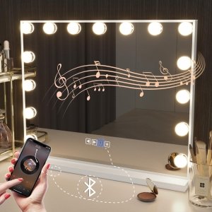 promo Hansong Miroir Maquillage avec Bluetooth Miroir Coiffeuse avec lumières Miroir Maquillage Lumineux avec 15 Ampoules LED Miroir Hollywood avec éclairage 3 Couleurs