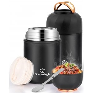 promo Dreamhigh® Thermos Alimentaire Chaud 850 ml, Acier Inoxydable Boite Repas Isotherme avec Poignée, boite alimentaire isotherme avec Cuillère, sans BPA, pour Ecole, Bureau, Camping (Noir)