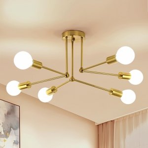 promo Goeco Plafonnier Industriel, 70CM Or Sputnik Lustre Vintage 6 Lumières Ampoule E27, Lampe de plafond Luminaire en Metal pour Salon, Chambre, Cuisine, Bar, Café, Max. 60W