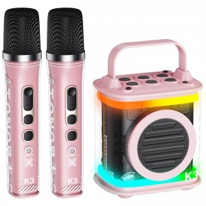 promo Mini Machine de karaoké avec 2 Microphones sans Fil, Haut-Parleur karaoké Bluetooth TONOR pour Les Enfants avec Micro microfono sans Fil et lumières LED, Girls Birthday Toy Gift Home Party Pink