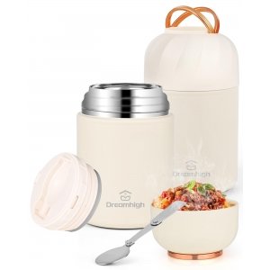 promo Dreamhigh® Thermos Alimentaire Chaud 850 ml, Acier Inoxydable Boite Repas Isotherme avec Poignée, boite alimentaire isotherme avec Cuillère, sans BPA, pour Ecole, Bureau, Camping (Blanc)