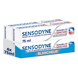 promo Sensodyne Dentifrice Blanchissant Sensibilité et Gencives, Cliniquement prouvé pour soulager les Dents Sensibles et Gencives avec Action Blanchissante, Lot de 4 x 75 ml