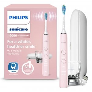 promo Philips Sonicare DiamondClean 9000, Brosse à dents électrique sonique avec application, capteur de pression, 4 modes de brossage, 3 niveaux d'intensité, verre de charge, coffret voyage USB, HX9911/29