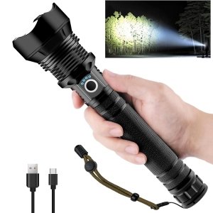 promo Lampe Torche LED Ultra Puissante,90000 Lumens Lampe de Poche Rechargeable USB Type-C, XHP70 Ajustable Zoomable Étanche Torche D'éclairage pour Camping Randonnée,et Urgences(avec batterie de 10000 mAh)