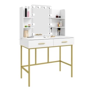 promo WOLTU Table de Maquillage Meuble Coiffeuse avec Miroir et LED Meuble de Maquillage en Bois et Métal avec 4 Étagères de Rangement et 2 Tiroirs, Style Moderne, Blanc et Or 90x45x136cm MB6077ws