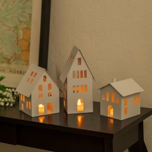 promo Romadedi Lot de 3 Maison Lumineuse en Métal avec Bougie Chauffe-Plat LED: Photophore Maison de Noel Décoration Maison - 10,6/14,3/20,5 cm - pour la Maison, Noël, Pendaison de crémaillère