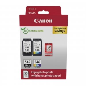 promo Canon Pack Encre & Papier - PG-545/CL-546 Cartouches d'encre Authentique pour imprimante 2 Packs (1 x Noir, 1 x Couleur) & Papier Photo 4x6 (50 x Feuilles)