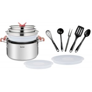 promo Tefal Batterie de cuisine 13 pièces, Faitouts + couvercles, Ustensiles, Induction, Acier inoxydable 18/10 haute qualité, Garantie 10 ans, Empilable, Opti'Space G720SD74