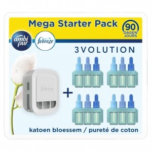 promo Febreze 3Volution Diffuseur Électrique de Parfum, Kit Prise + 4 Recharges (Pour Un An) Pureté De Coton, Désodorisant Smart Programming avec 3 Parfums En Alternance, Élimination Des Odeurs Maison