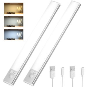 promo OUSFOT Lampe Placard Led Detecteur 30CM [2 pièces] Lumière sans fil USB, Eclairage Led Rechargeable Interieur, Lampe Detecteur Mouvement, Veilleuse, pour Escaliers/Chambre/Armoire, Argent