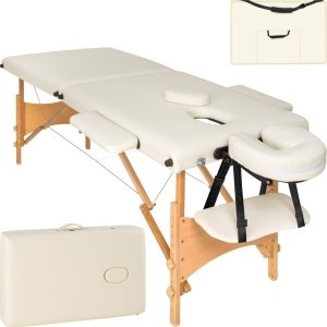 promo TecTake Table de Massage 2 Zones Pliante Cosmetique Lit de Massage Table Esthetique Tatouage Portable avec Repose Bras, Housse de Transport Incluse - Beige