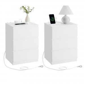 promo VASAGLE Table de Chevet avec Multiprise, Lot de 2, Table d’Appoint avec 3 Tiroirs, 2 Prises CA, 2 Ports USB, Façades de Tiroirs Biseautées, pour Salon, Chambre, Bureau, Moderne, Blanc Nuage LET831W14