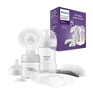 promo Philips Avent Kit allaitement avec tire-lait manuel simple, coussin souple et adaptatif, biberons de 260 ml et 125 ml, sans BPA, 4 coussinets d'allaitement jetables (Modèle SCD430/60)