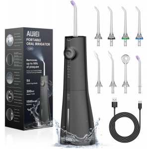 promo AUIEI Jet Dentaire Hydropulseur Portable Water Flosser, Irrigateur Oral 5 Modes et 8 Buses,Réservoir 300ML, USB Chargé, Étanche IPX7,Convient Gencive Sensible,Noir