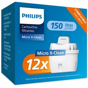 promo Philips Cartouches filtrantes d'eau, pack de 12, Brita compatible, réduit MICROPLASTIQUE, CHLOR, CALCAIRE, MÉTAL ALIMENTAIRE