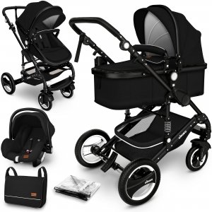 promo KIDUKU® Poussette Combinée 3 en 1 | Trio pour Enfants | Siége Auto Légère, Piable | Nacelle Souple Convertible | Set de Voyage (Noir)