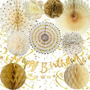 promo Décorations Anniversaire Or Beige, 17 Pièces Décoration de Fête Fournitures, Deco Anniversaire pour Filles et Garçons, Happy Birthday Bannière, Papier Pom Poms, Birthday Decoration Vert Beige