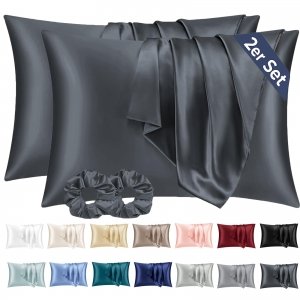 promo Taie Oreiller Satin 50x70 Lot de 2,pour Cheveux,Similaire Aux Taie d Oreiller en Soie,Taies d'oreillers 50x70 certifié Oeko-Tex Gris Foncé & 2 Satin Chouchous Vielit