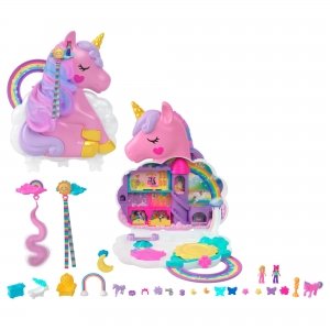 promo Polly Pocket Coffret 2-en-1 Salon De Coiffure Licorne Arc-en-Ciel avec Tête À Coiffer, Comprend 2 Figurines, Plus 25 Accessoires Et Éléments Mobiles, Jouet pour Enfant de 4 Ans et Plus, HMX18