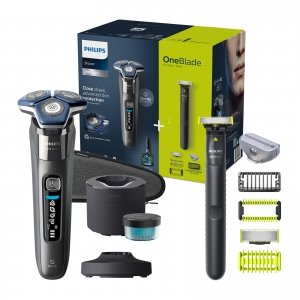 promo Philips Shaver S7000 - Rasoir électrique Wet & Dry Chrome foncé avec technologie SkinIQ avec tondeuse rétractable, Quick Clean Pod et cartouche, lame Philips OneBlade (modèles S7887/78 et QI1864/20)