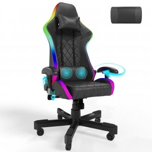 promo Homall LED Chaise Gaming, Massage, Capacité de Charge 150 kg, éclairage Ergonomique RGB et Support Lombaire, Chaise de Jeu en Cuir PU avec accoudoir 2D