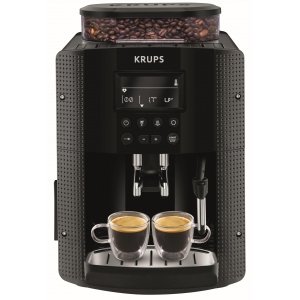 promo Krups Machine à café grain, 2 expressos simultanés, Ecran LCD, Cafetière espresso compacte, Nettoyage automatique, Buse vapeur pour Cappuccino, Essential noire YY8135FD, Noir