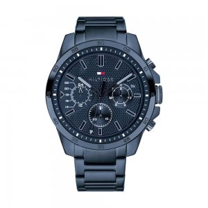 promo Tommy Hilfiger Montre Multifonction Quartz pour Hommes 48 mm - Bracelet en Acier Inoxydable Bleu, Cadran Bleu Semi-Brillant, Sous-Cadrans pour le Jour et la Date, Résistante à l'Eau 5ATM - 1791560