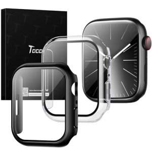 promo TOCOL 2 Pièces Coque pour Apple Watch Series 9/8/7 45mm, Protection Apple Watch Series 9/8/7 45mm HD Clear Case de Protection en Verre Trempé Intégré - Noir/Transparent