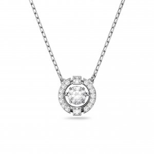 promo Swarovski Pendentif Sparkling Dance, pièce ronde centrale blanche entourée de cristaux pavés blancs dans un cadre en métal rhodié, chaîne ajustable, blanc