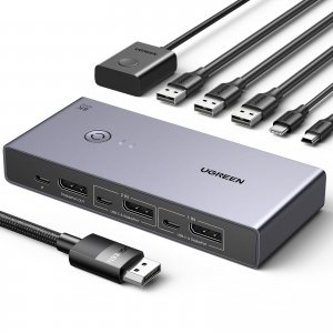 promo UGREEN Switch KVM Displayport 8K 60Hz 2 In 1 Out Commutateur KVM DP 1.4 4K 240Hz 1 Port USB C 3 Ports USB A pour Clavier Souris Disque Dur Imprimante Moniteur avec Contrôleur de Bureau 2 Câbles DP 1M