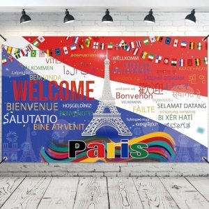 promo Jeux Olympiques Paris Bannières Deco, Toile de Fond en Tissu Extra Large Welcome Paris pour Decoration, 72 x 44 Pouces Drapeaux du Monde Banner de Photomaton pour Capitale Jeux D'été de Fête