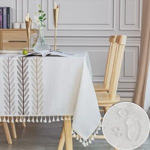 promo SUNBEAUTY Table Cloth Nappe Rectangulaire Imperméable Lin Coton Tablecloth Rectangle 140x240 cm Tassel Nappe Elegante pour Table de Cuisine Decoration