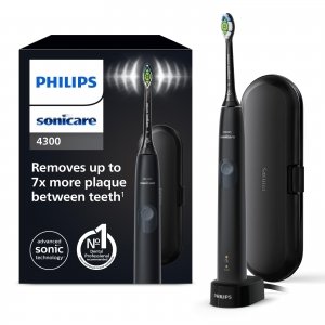 promo Philips Sonicare ProtectiveClean 4300, Brosse à dents électrique sonique avec deux niveaux d'intensité, capteur de pression et minuterie, noir, modèle HX6800/87