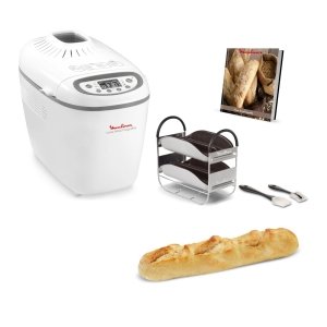 promo Moulinex Home Bread Baguette Machine à petits pains, 16 programmes, Résultats homogènes, Jusqu'à 1,5 kg de pain frais, Plaques croustillants, 3 niveaux de dorage OW610110, Blanc