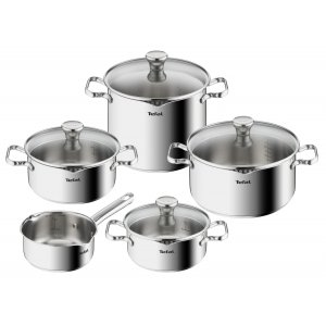 promo Tefal Batterie de cuisine 9 pièces, Induction, Casserole 16 cm, Faitouts 18/20/24 cm, Couvercles en verre filtrants, Inox garanti 10 ans, Base 3 couches, Duetto On A705S936