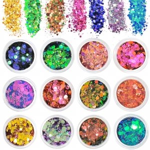 promo AOOWU Paillettes de Corps, 12 Couleurs Maquillage Fluorescent Paillette Set pour Visage, Cheveux, Halloween, Fête, Noël,#01