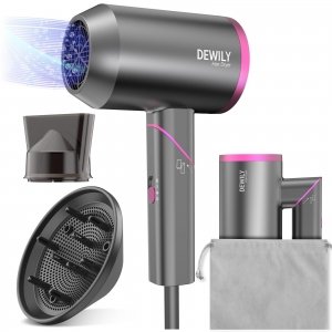 promo Seche cheveux Professionnel Ionique - DEWILY Hair Dryer 1 diffuseur 1 buses, 3 températures, Sèche-cheveux de voyage pliable petit, Sèche-cheveux petit format 1800W