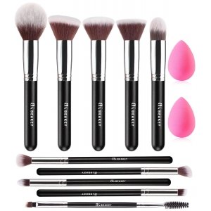 promo BEAKEY Pinceaux Maquillages Professionnel, Pinceau Maquillage Pour Fond de Teint Blush L'anti-cernes Fard à Paupières Poudre Libre, Avec Blender Eponge(10+2pcs, Noir/Argent)