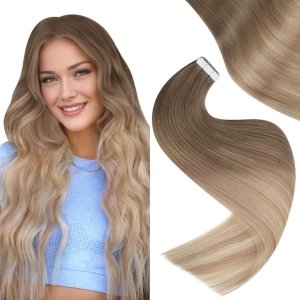 promo Easyouth Adhesive Cheveux Naturel Extension Brun Balayage Extension Cheveux Humains de Adhesif Brun Clair à Cendré et Blond Platine Ombre Extension Adhesif Remy Lisse 35 cm 40g 20Pcs