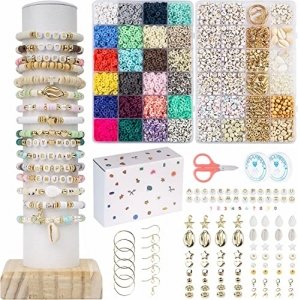 promo Muyans Perles Plates pour Bracelet, 8400+ Perles Heishi de Argile de 6mm, 2 Boîtes DIY Kit Perles pour Bijoux, avec Lettres, Chiffres, Anneaux de Perles d'amour Collier Cadeau pour Enfant Adulte