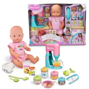 promo NENUCO, Qu'est ce qu'on Mange Aujourd'hui, Poupon 42 cm, Cors Dur, Mange et Bois, Prépare à Manger avec Robot ou Mixeur et 10+ Accessoires, Jouets pour Enfants à Partir de 3 Ans, NFN43